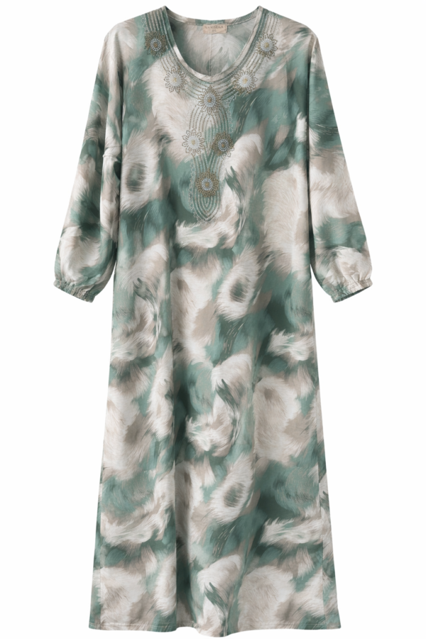 Groen Beige Dames Jurk – Lange Abaya – Elegante Print – Comfort Fit